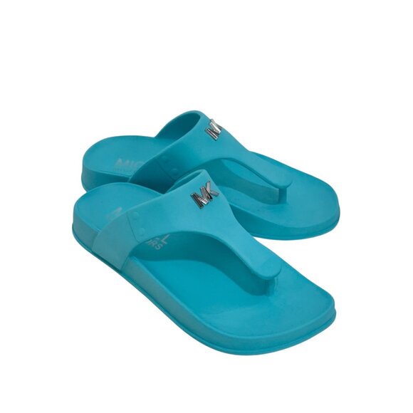 Michael Kors Linsey Women Turquoise MK Logo Tstrap Slide Sandals SZ 6M Eva Upper - Picture 9 of 13